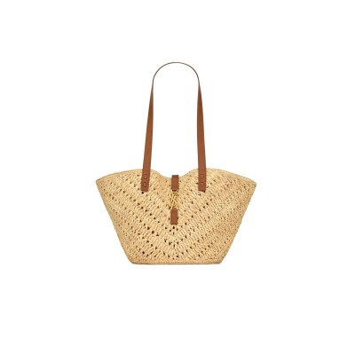YSL PANIER SMALL IN RAFFIA AND VEGETABLE-TANNED LEATHER 751240GAADJ2080 (38*20*21cm)